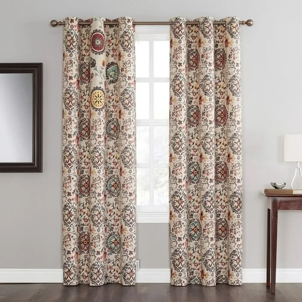 World Market Suzani Floral Medallion Lined Cotton Curtain Panel 48in x 84in New